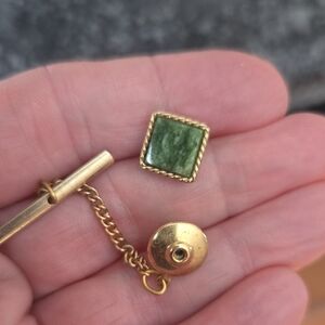 Vintage Gold Plated Jade Stone Men's Tie Tack